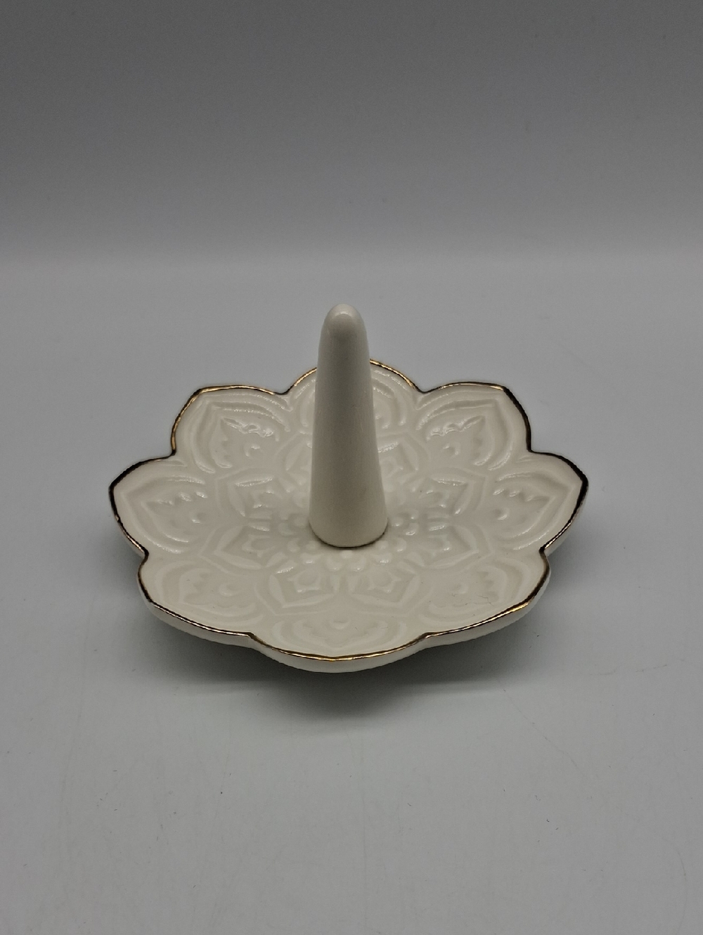 Ceramic Floral Ring Holder Dish in Ivory with Gold Trim